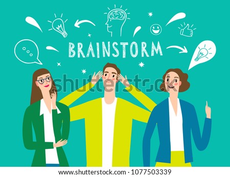 People talking and thinking. Including doodle elements. Brainstorm illustration for your design. 