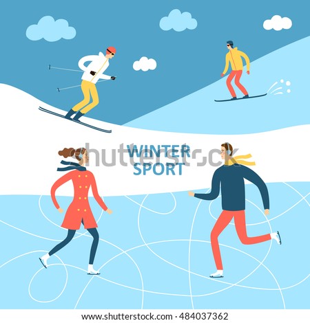 Winter activities cartoon illustration. Active people skating and skiing outdoor. Winter illustration for your design.