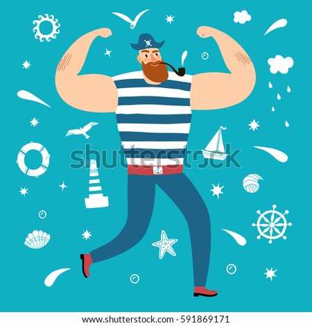 Mighty pirate sailor with decorative elements on background, such as seagull, lighthouse, wheel, ship, cloud, shell,sun, stars. Cartoon illustration for your design.