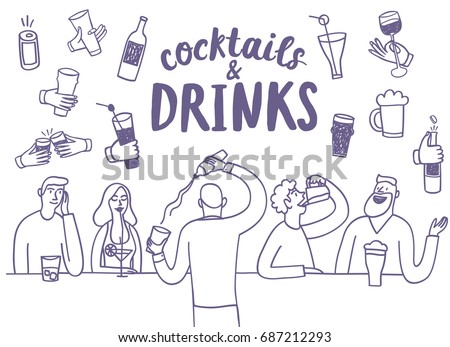 Doodle people drinking at the bar. Including set of  hands with drinks and bottles. Hand drawn brush vector cartoon illustration for your design.