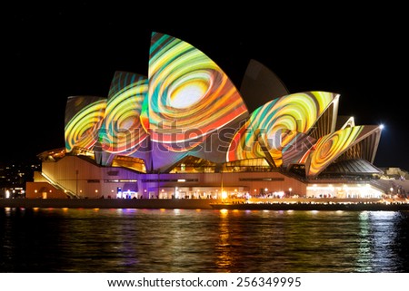 SYDNEY, AUSTRALIA - JUNE 9, 2013: Sydney Opera House during Vivid Sydney festival. Vivid Sydney is an outdoor annual cultural event featuring immersive light installations and projections.