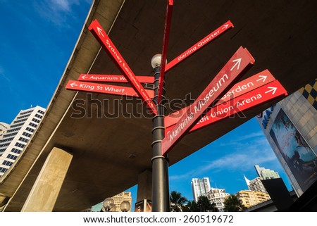 SYDNEY, AUSTRALIA - MARCH 14, 2015: Street sign depicting the vitality of the Darling Harbour district in the heart of Sydney.  Countless visitors gather to it\'s restaurants, boat cruises and museums.