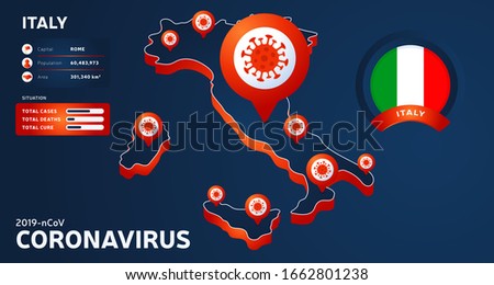 Isometric map of Italy with highlighted country vector illustration on dark background. coronavirus statistics. 2019-nCoV Dangerous chinese ncov corona virus. infographic and country info.