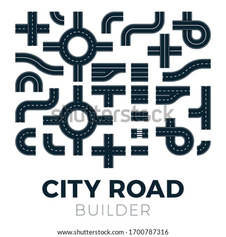 Street and road with footpaths and crossroads set. Vector elements collection for city map. Highway asphalt path traffic streets