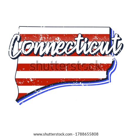 American flag in connecticut state map. Vector grunge style with Typography hand drawn lettering connecticut on map shaped old grunge vintage American national flag isolated on white background
