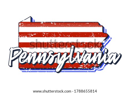 American flag in pennsylvania state map. Vector grunge style with Typography hand drawn lettering pennsylvania on map shaped old grunge vintage American national flag isolated on white background
