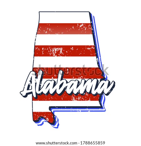 American flag in alabama state map. Vector grunge style with Typography hand drawn lettering alabama on map shaped old grunge vintage American national flag isolated on white background