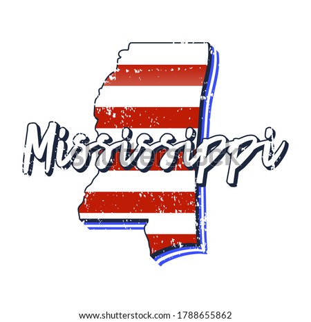 American flag in mississippi state map. Vector grunge style with Typography hand drawn lettering mississippi on map shaped old grunge vintage American national flag isolated on white background