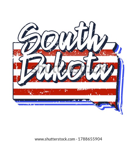 American flag in south dakota state map. Vector grunge style with Typography hand drawn lettering south dakota on map shaped old grunge vintage American national flag isolated on white background