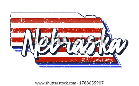 American flag in nebraska state map. Vector grunge style with Typography hand drawn lettering nebraska on map shaped old grunge vintage American national flag isolated on white background
