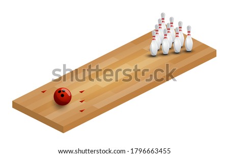 A vector illustration of a an isometric bowling alley. Bowling Alley Isometric with ball and pins