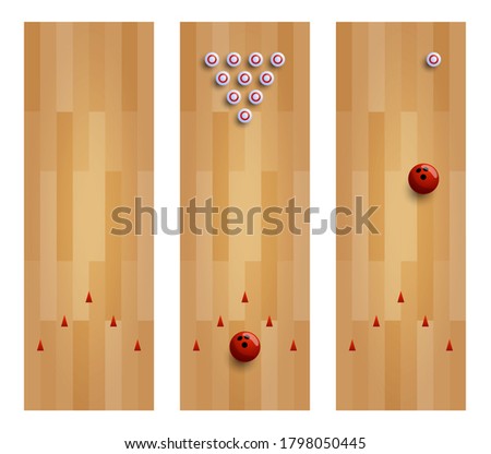 Illustration of a bowling lane collection. Set three bowling alley with pin and ball vector illustration