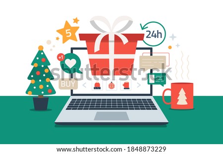 Christmas online shopping. Flat cartoon vector illustration with laptop screen with red gift box, spruce, cup on the desk, winter holidays sales. Christmas due coronavirus