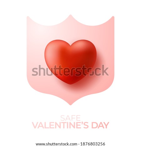 Pink protective shield with 3d heart shape in the middle. The concept of protecting loved ones. Safe valentine day. Coronavirus covid prevention.