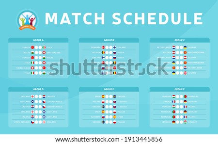 Football 2020 tournament final stage groups vector stock illustration with matches schedule. Euro 2020 European soccer tournament table with background. Vector country flags