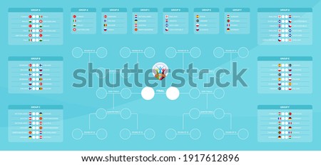 Match schedule, template for web, print, football results table, flags of European countries participating to the final tournament of european football championship 2020. Euro 2020 vector illustration