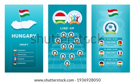 European 2020 football vertical banner set for social media. Euro 2020 Hungary group F banner with isometric map, pin flag, match schedule and line-up on soccer field