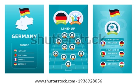European 2020 football vertical banner set for social media. Euro 2020 Germany group F banner with isometric map, pin flag, match schedule and line-up on soccer field
