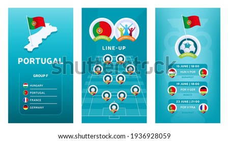 European 2020 football vertical banner set for social media. Euro 2020 Portugal group F banner with isometric map, pin flag, match schedule and line-up on soccer field