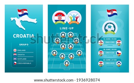 European 2020 football vertical banner set for social media. Euro 2020 Croatia group D banner with isometric map, pin flag, match schedule and line-up on soccer field