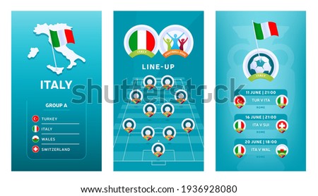 European 2020 football vertical banner set for social media. Euro 2020 Italy group A banner with isometric map, pin flag, match schedule and line-up on soccer field