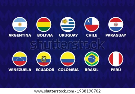 South America Football 2021 Argentina Colombia vector illustration. Copa america 2021 Set of cicle flag soccer tournament in south america