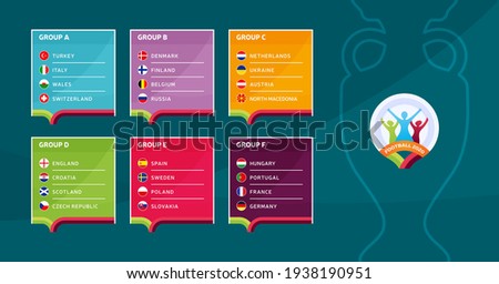 European football 2020 tournament final stage groups vector stock illustration. Euro 2020 European soccer tournament with background. Vector country flags