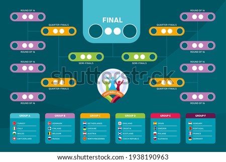 Euro 2020 Match schedule, template for web, print, football results table, flags of European countries participating final tournament of european football championship euro 2020. vector illustration