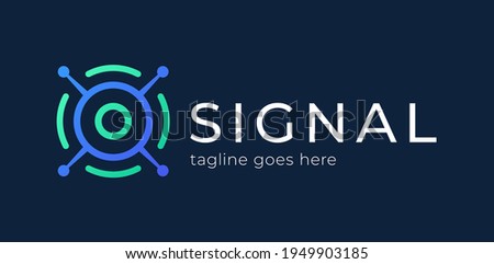 Signal logo. Modern satellite eye communication logo vector. The satellite in the space vector flat design illustration. Good concept for business connected. Logotype design.