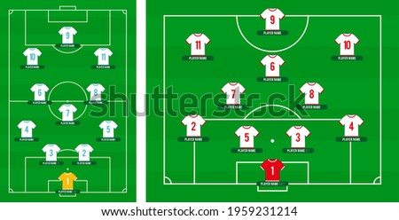 2022 world Football team formation. Soccer or football field with 11 shirt with numbers vector illustration. soccer lineup