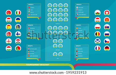 European 2020 Match schedule, tournament bracket. Football results table, flags of European countries participating to the final championship knockout. euro 2020 vector illustration
