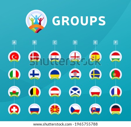 Football euro 2020 tournament final stage groups vector stock illustration. euro 2020 European soccer tournament with background. Vector country flags.