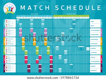 Euro 2020 match schedule tournament final stage. Wall chart Match schedule, knockout template football results table, flags of European countries football championship euro 2021, vector illustration
