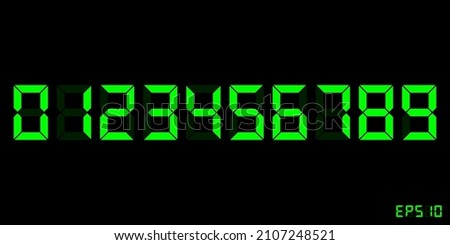Zero to Nine green digital electronic clock numbers set. LCD LED digit set for the counter, clock, calculator mockup in flat style design for website, app, UI, isolated on black background. EPS 10.