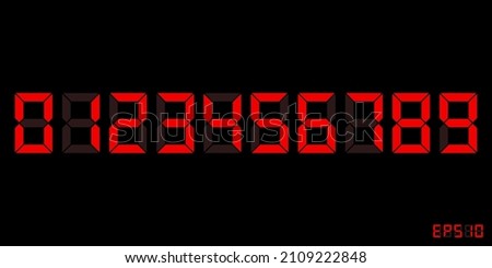 Zero to Nine Red digital electronic clock numbers set. LCD LED digit set for the counter, clock, calculator mockup in flat style design for website, app, UI, isolated on black background. EPS 10.