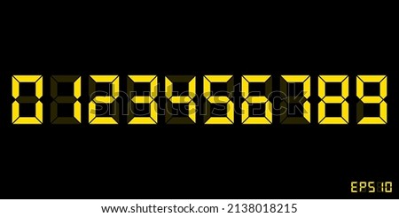 Zero to Nine Yellow digital electronic clock numbers set. LCD LED digit set for the counter, clock, calculator mockup in flat style design for website, app, UI, isolated on black background. EPS 10.