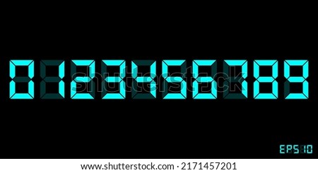 Zero to Nine Cyan digital electronic clock numbers set. LCD LED digit set for the counter, clock, calculator mockup in flat style design for website, app, UI, isolated on black background. EPS 10.