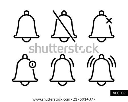 Set of notification bell, Ring mode, Turn off notification bell, Silent mode vector icon in line style design for website, app, UI, isolated on white background. Editable stroke. EPS 10 vector file.