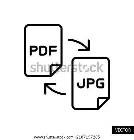 Convert PDF to JPG file vector icon in line style design for website design, app, UI, isolated on white background. Editable stroke. EPS 10 vector illustration.