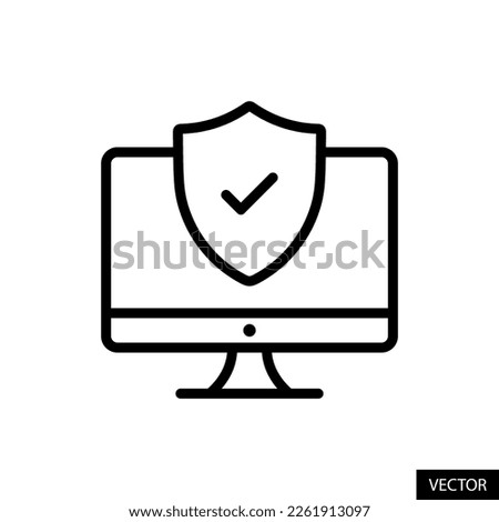 Computer with shield checkmark, data and network security concept vector icon in line style design for website, app, UI, isolated on white background. Editable stroke. EPS 10 vector illustration.