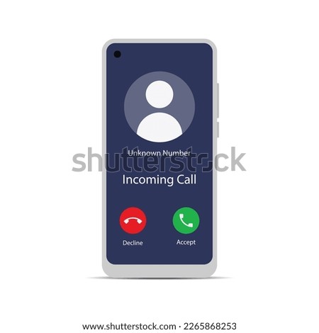 Unknown number calling smartphone screen mockup, unknown caller incoming call. Decline or accept an incoming call vector illustration in flat style design isolated on white background. Eps 10 file.