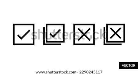 Select, check all, deselect, uncheck all, tick and cross mark in box vector icons in line style design for website, app, UI, isolated on white background. Editable stroke. EPS 10 vector illustration.