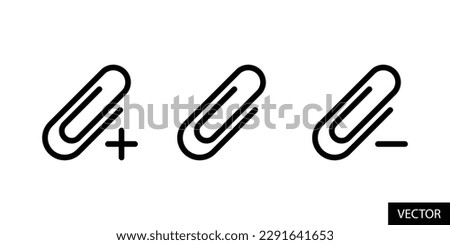 Add and remove attachment, paper clip with plus and minus sign vector icons in line style design for website, app, UI, isolated on white background. Editable stroke. EPS 10 vector illustration.