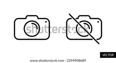 Camera and camera slash, camera not allowed, no photography concept vector icons in line style design for website, app, UI, isolated on white background. Editable stroke. EPS 10 vector illustration.