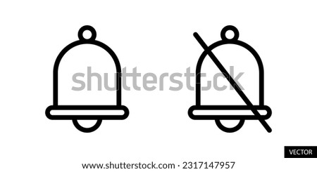 Notification bell, ring mode and notification bell slash, silent mode vector icons in line style design for website, app, UI, isolated on white background. Editable stroke. EPS 10 vector illustration.