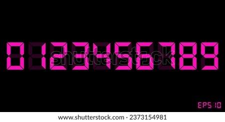 Zero to Nine Pink digital electronic clock numbers set. LCD LED digit set for the counter, clock, calculator mockup in flat style design for website, app, UI, isolated on black background. EPS 10.