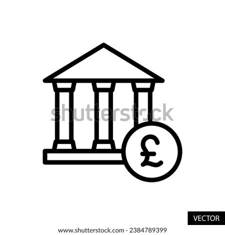 Bank with pound sign, pound sterling currency symbol vector icon in line style design for website, app, UI, isolated on white background. Editable stroke. EPS 10 vector illustration.