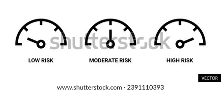 Risk meter, low, moderate, high risk gauge scale vector icons in line style design for website, app, UI, isolated on white background. Editable stroke. EPS 10 vector illustration.