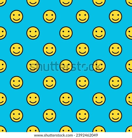 Happy emoji faces, yellow smiling round face seamless pattern isolated on sky blue background. Suitable for design, textile, wrapping paper, covers etc. EPS 10 vector illustration.