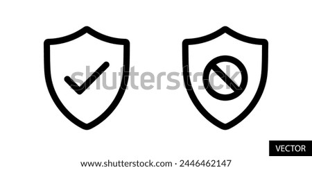 Shield check mark, tick mark symbol, shield block sign, restriction shield icons in line style design for website, app, UI, isolated on white background. Editable stroke. EPS 10 vector illustration.